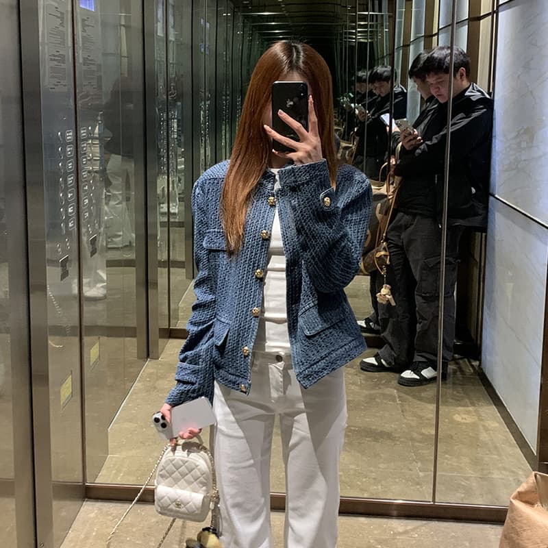 Premium Blue Textured Jacquard Denim Jacket Women Spring Autumn Korean Loose Slimming Coat Long Sleeve Short Jacket