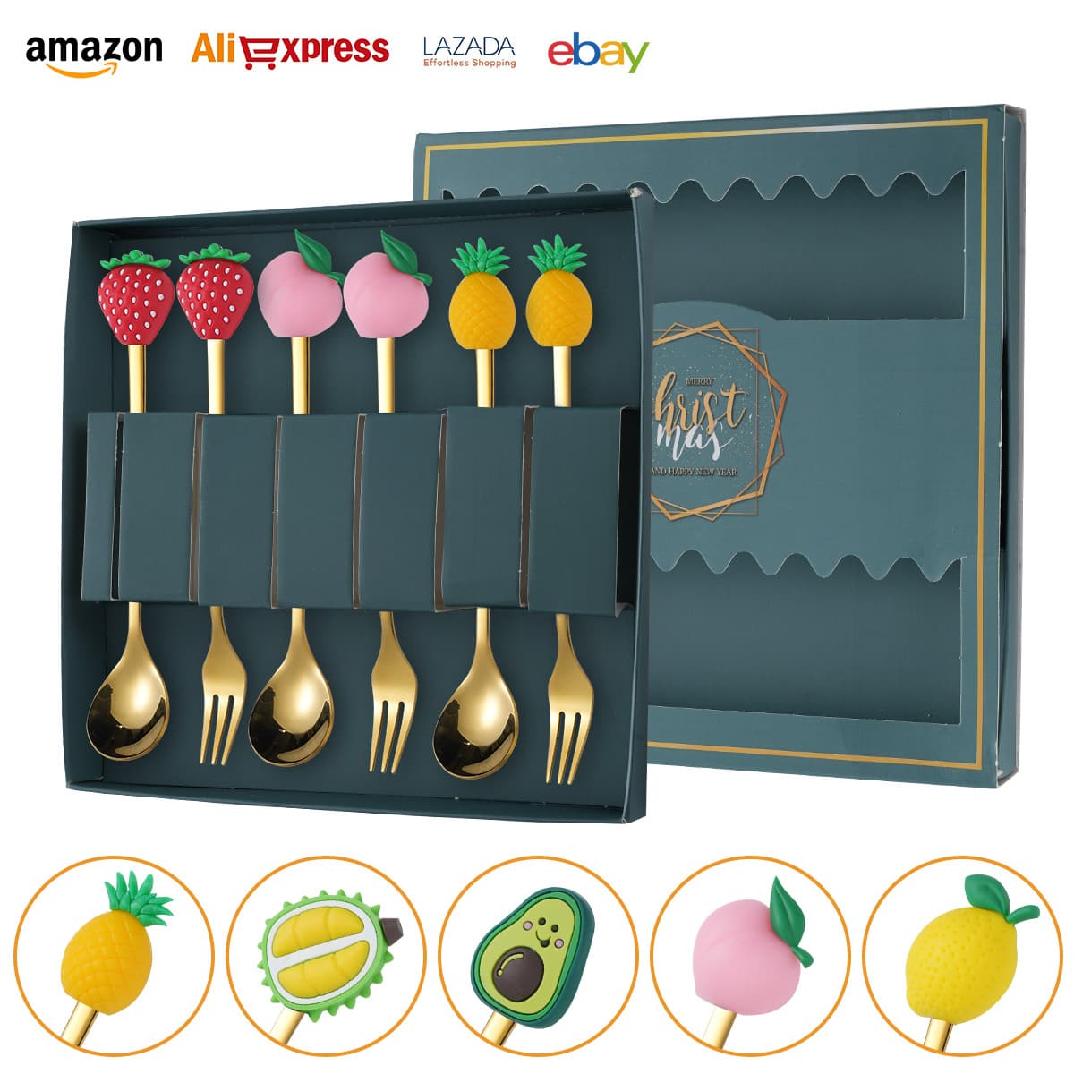 Stainless steel spoon and fork cutlery set cartoon fruit spoon and fork set coffee stirring spoon fruit fork dessert spoon