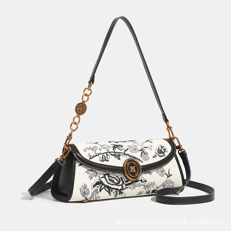 New Light Luxury Baguette Bag Heavy Embroidery Baguette Bag High-End Underarm Bag Single Shoulder Crossbody Bag with 2 Straps