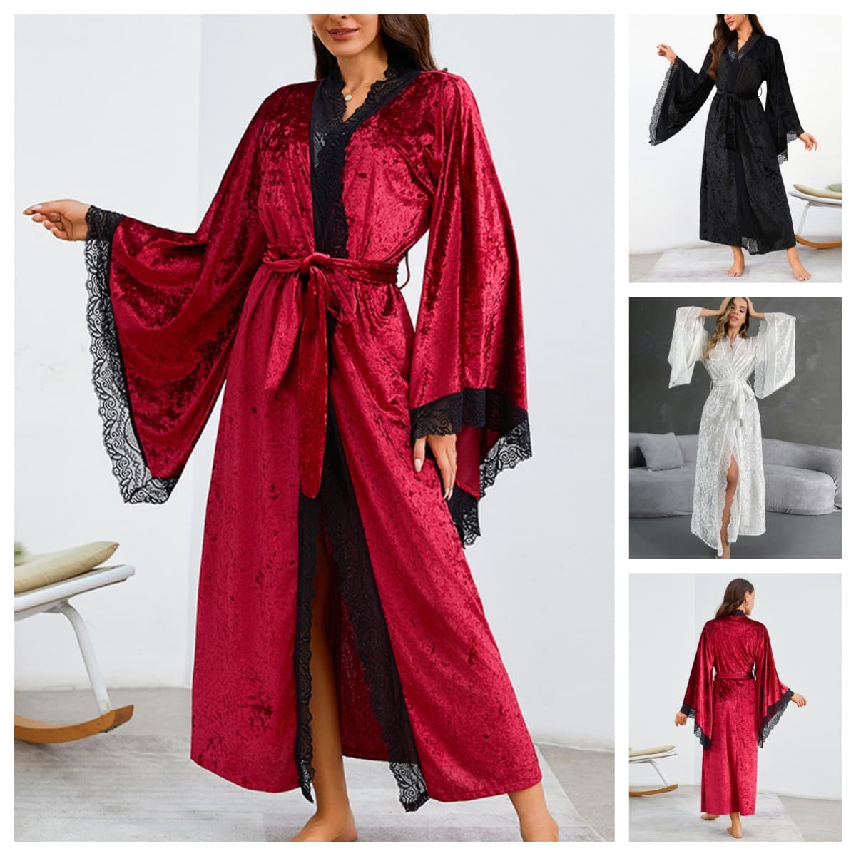 Mufei European and American Cross-border Velvet Lace Multi-color Morning Robe Skin-touch Soft Diamond Velvet Women's Autumn and Winter Long Bathrobe 623