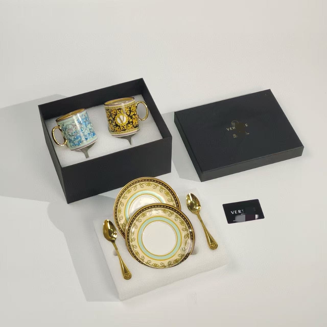 Versace Kaleidoscope Coffee Cup and Saucer Set, Two Cups, Two Saucers, Two Spoons, Gift Box, Coffee and Tea Set
