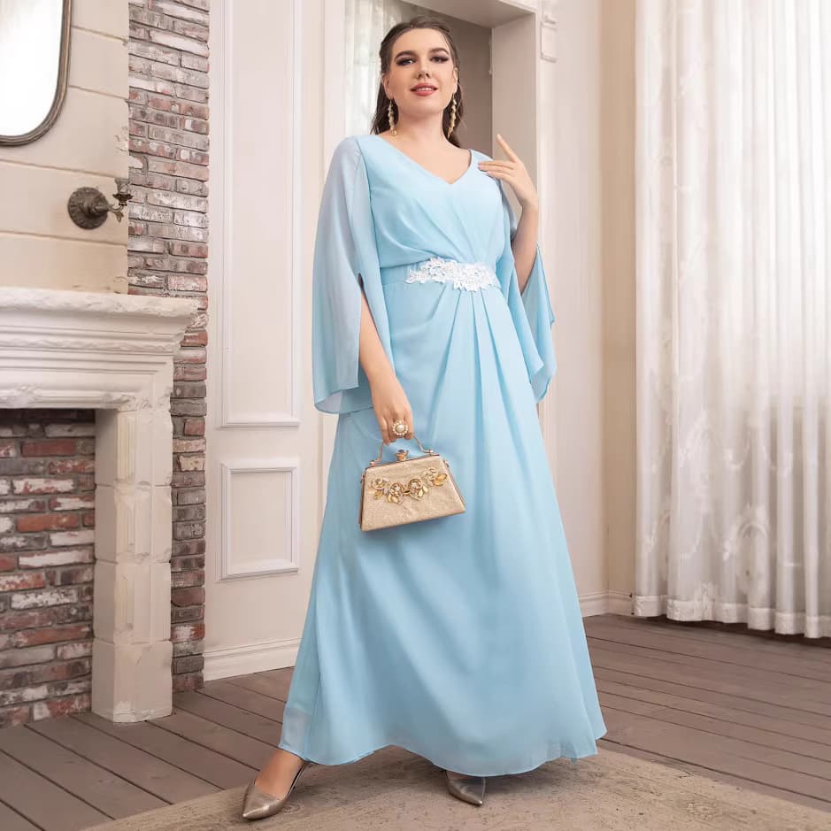 21730 European and American Cross-Border Plus Size Slimming Water Blue Evening Dress Batwing Sleeve Flowing Chiffon Dress