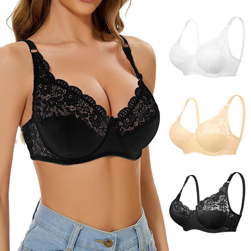 Overseas Cross-border Plus Size Bra Adjustable Large Bust Minimizer Thin Style with Underwire European American Lace Lingerie