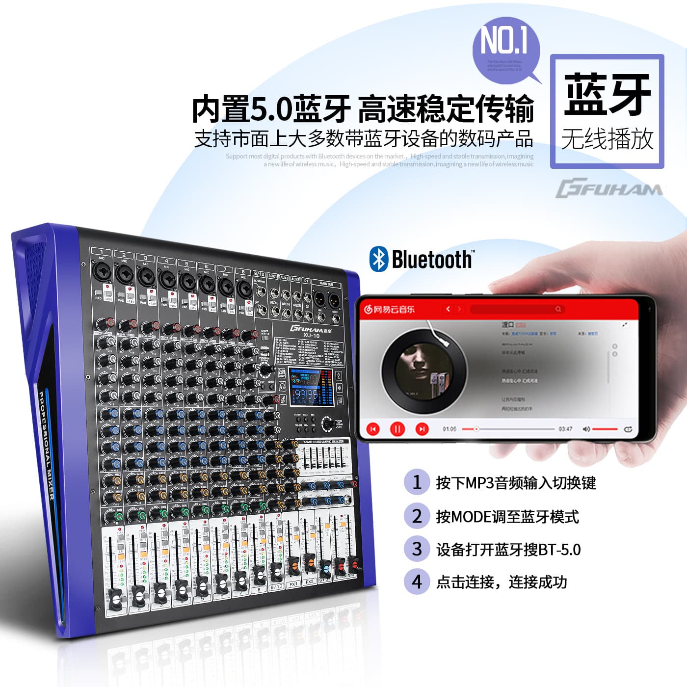 Professional Mixer 10/14-Channel Digital Effects with Group Reverb Bluetooth USB Stage Home Karaoke Mixer