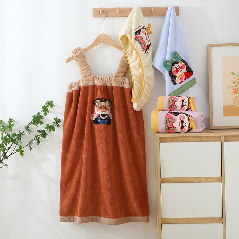 New Little Rich Girl Cartoon Embroidered Towel Soft Bath Towel Thickened Hair Drying Cap Big Tooth Coral Velvet Bath Skirt Set