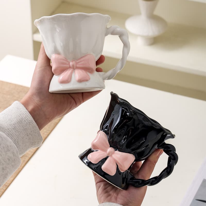 Original High-End Bowknot Ceramic Mug Set for Home Use, Exquisite Afternoon Tea Cup and Saucer Set, Gift for Best Friend