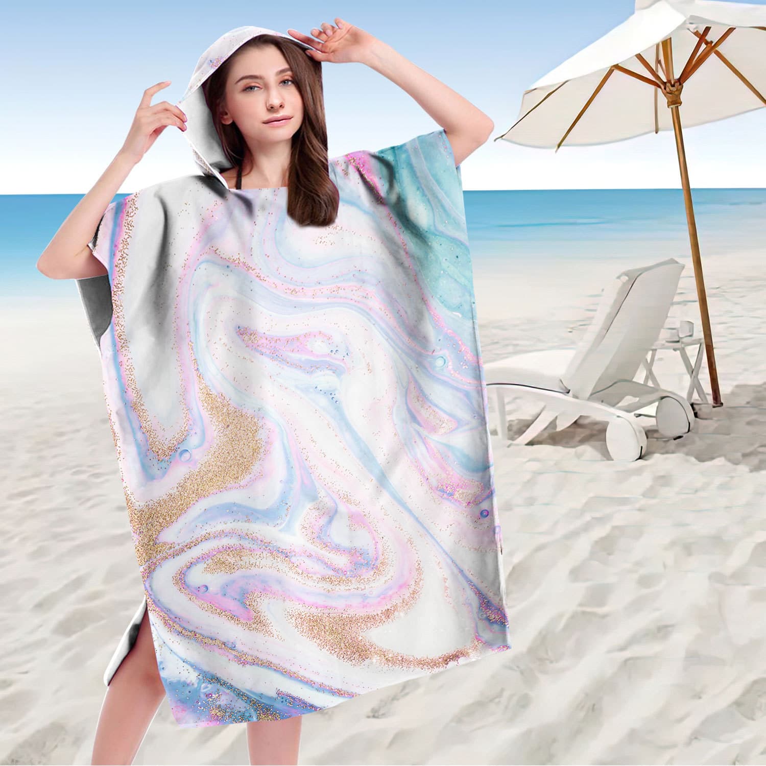 Hooded Wearable Towel Beach Towel Poncho Seaside Changing Towel Printed Hooded Towel Microfiber Golden Flow Series