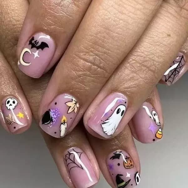 Halloween lilac cartoon gradient short square wearable nails cute e-commerce holiday manicure Halloween nail