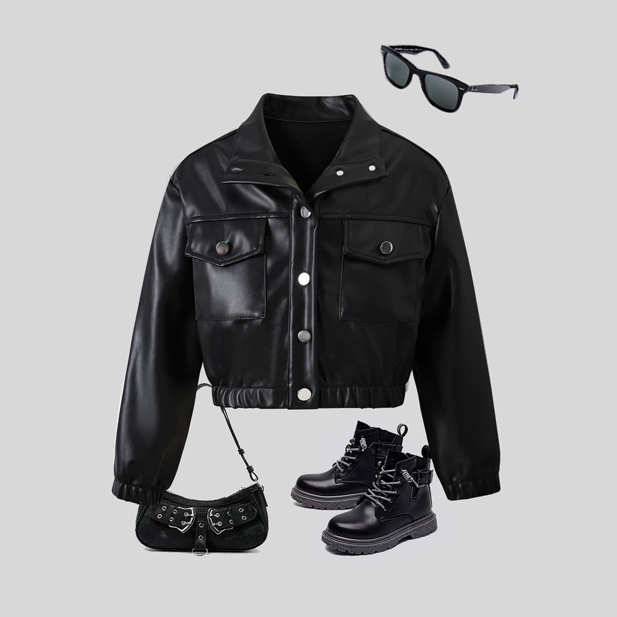Cross-border Trade Children's Girls' British Style PU Leather Jacket with Buttons for Cycling