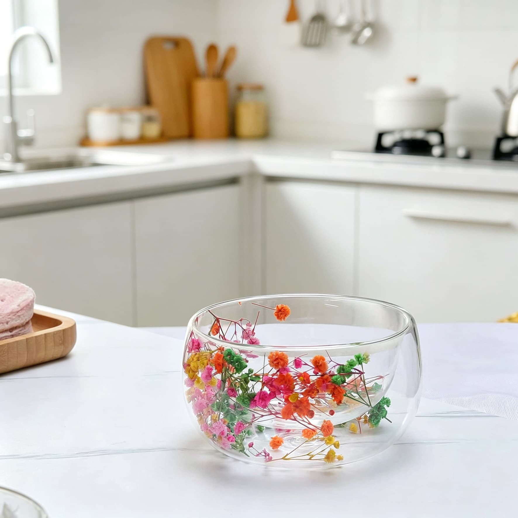 High borosilicate glass bowl with built-in dried flower dessert bowl, double-walled glass fruit and vegetable salad bowl, insulated instant noodle bowl.