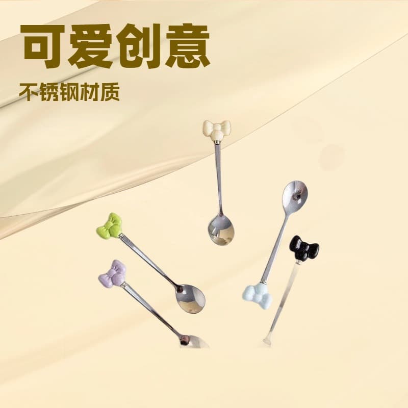 Imitation Porcelain Bow Handle Stainless Steel Fruit Fork Portable Dessert Spoon Coffee Stirring Spoon Household Cute Cake
