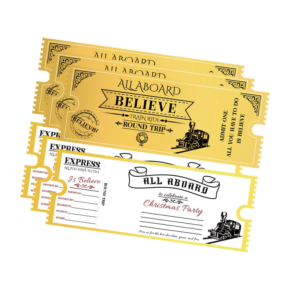 New product ready stock Christmas season gold card, Polar Express hot stamping party ticket, creative invitation, fill-in tearable invitation.