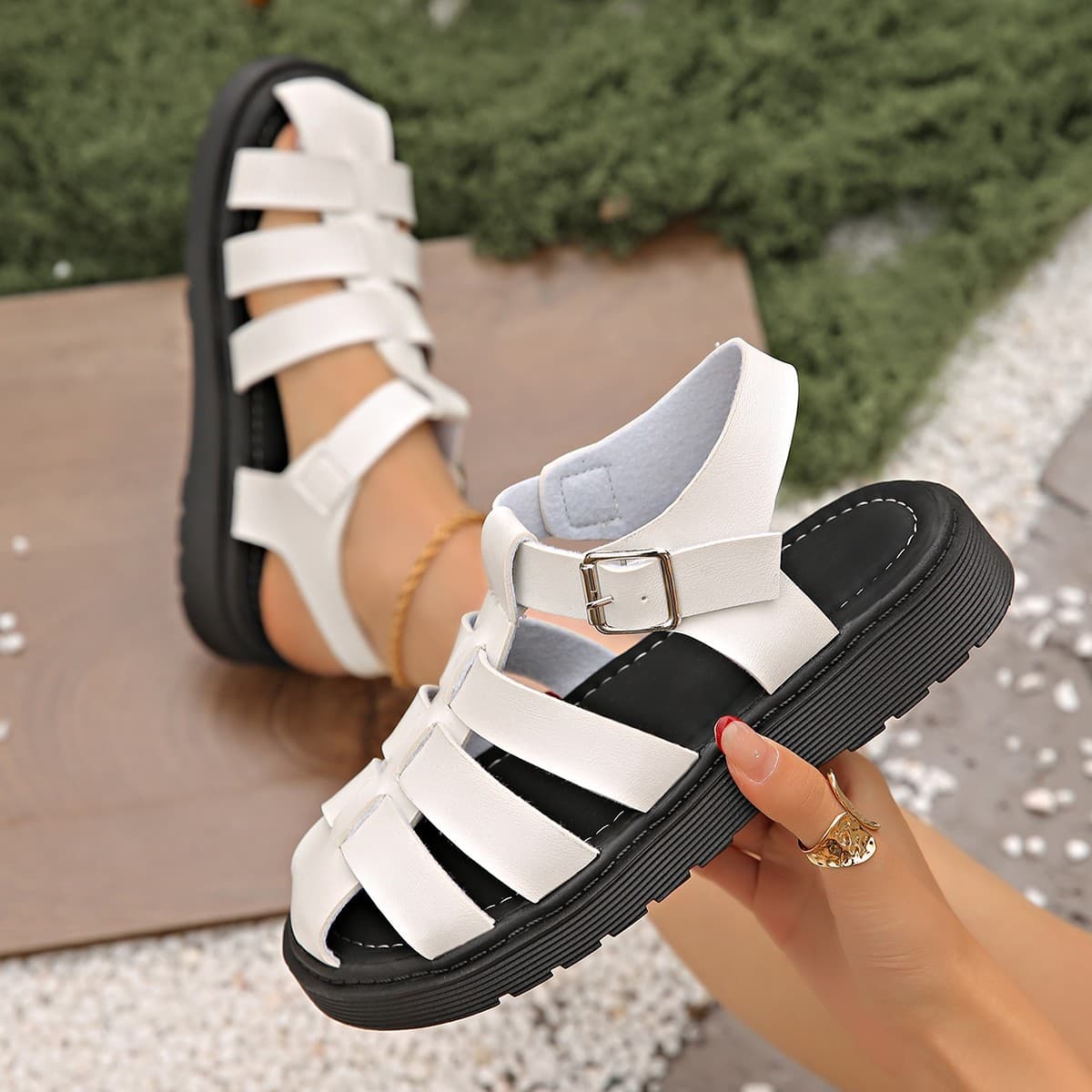 Foreign Trade Large Size Thick-Soled Roman Woven Sandals for Women 2025 Spring and Summer New Round-Toe Cut Out Fashion Flat Sandals