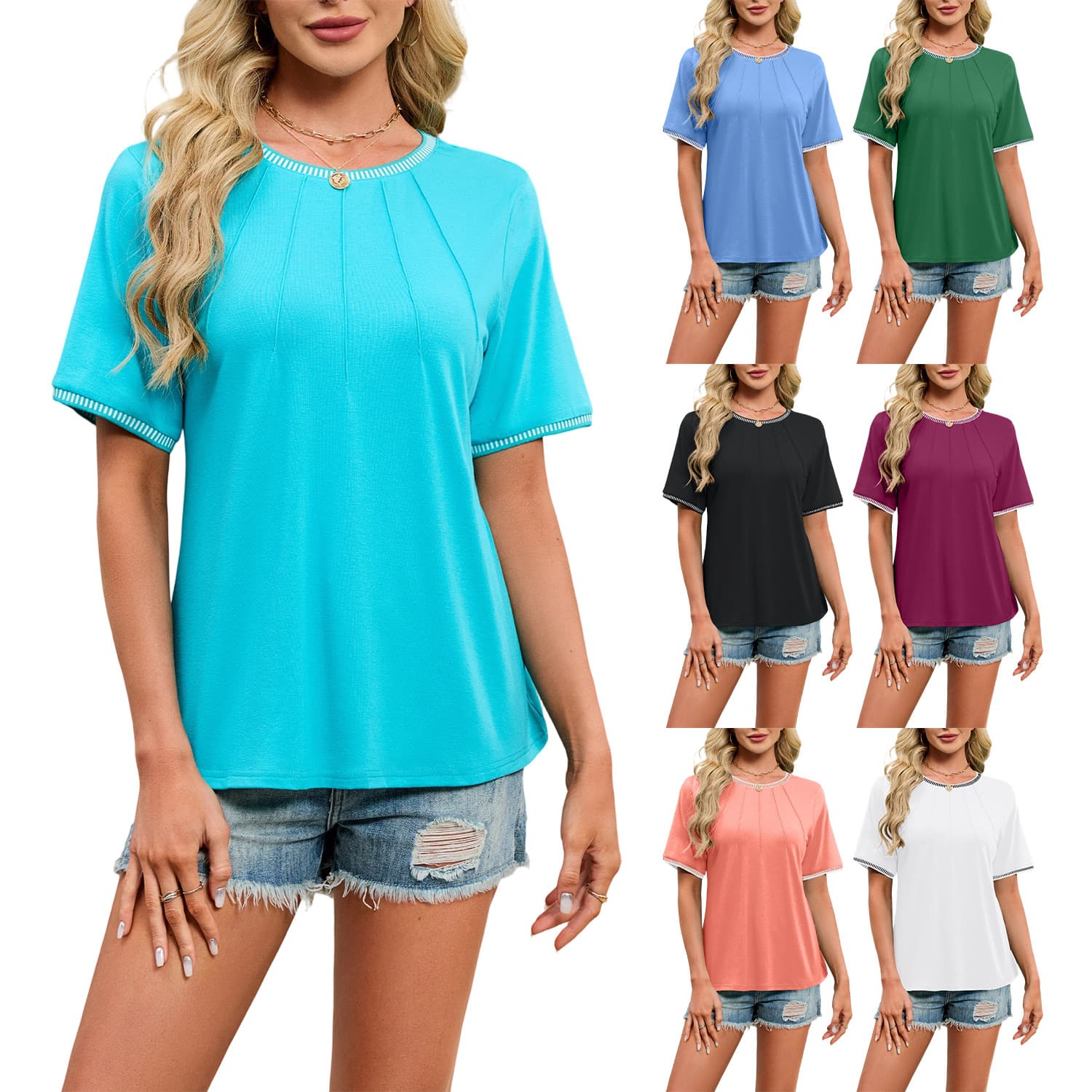2026 Amazon Summer New Round Neck Striped T-Shirt with Contrast Woven Belt for Women