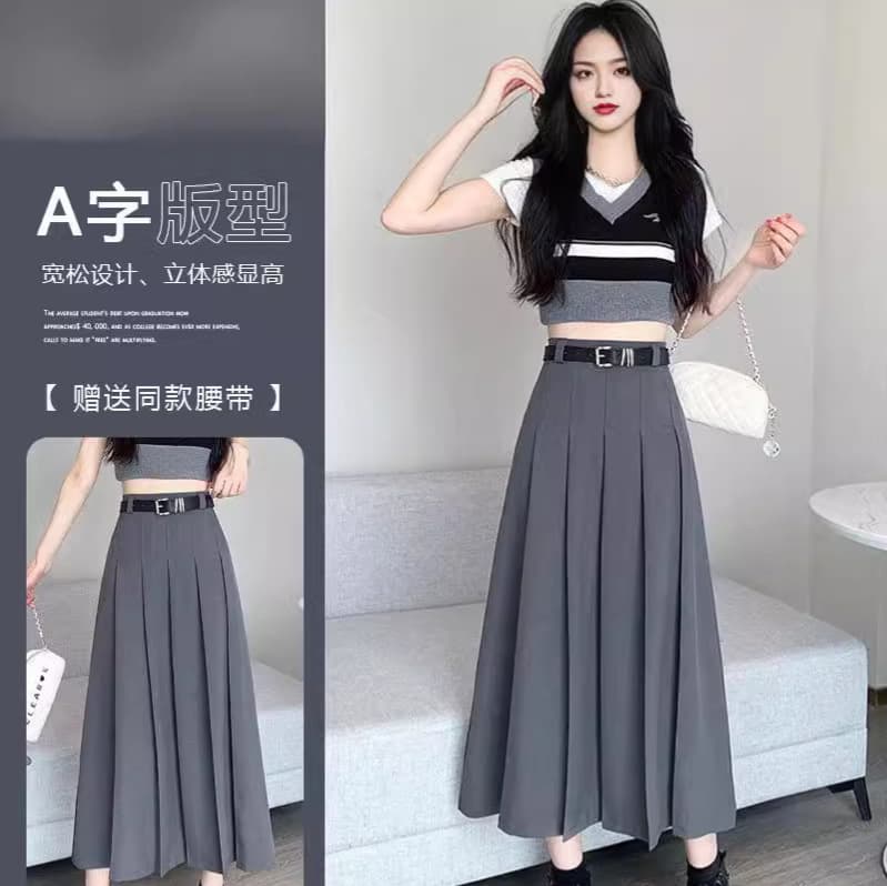 2026 New Pleated Long Skirt Suit Fabric Korean Style Simple Black Gray French High-Waist Slimming A-Line