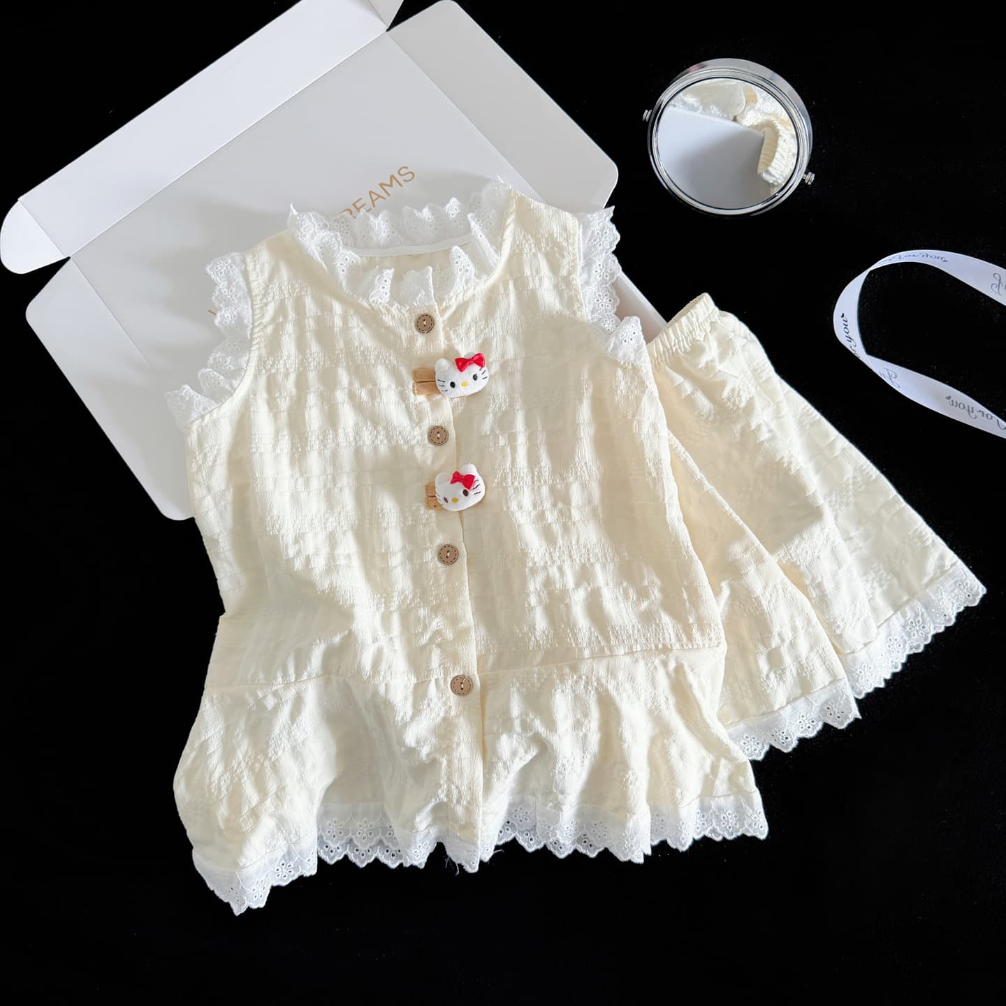 Thin Children's Pajamas Girls' Summer KT Cat Cartoon Pajamas Cloud Cotton Homewear White Lace Trim Two-Piece Set