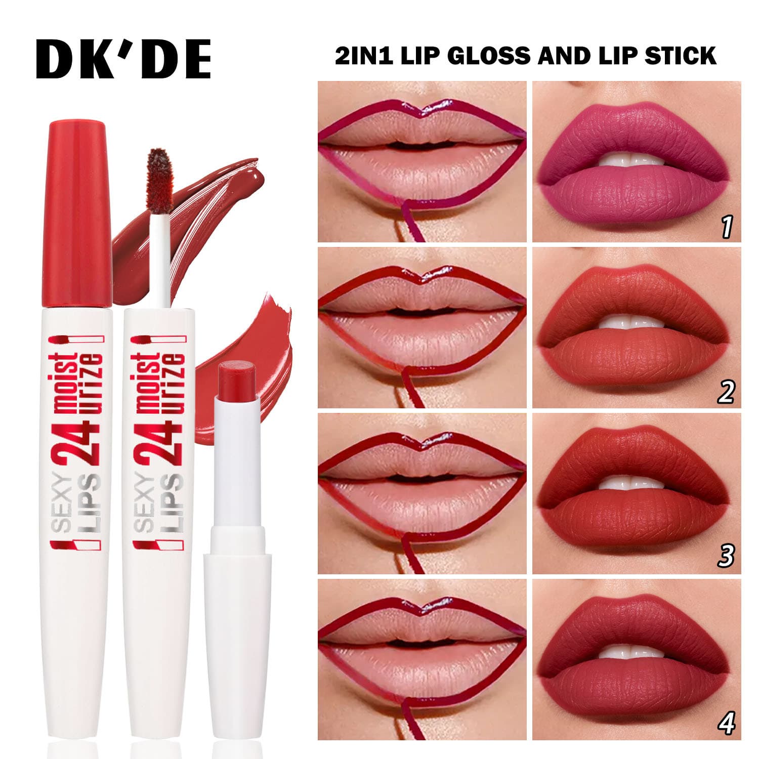 Cross-border TK hot model DKDE + double-ended peel-off lipstick + lipstick for plump lips, long-lasting color, matte and moisturizing