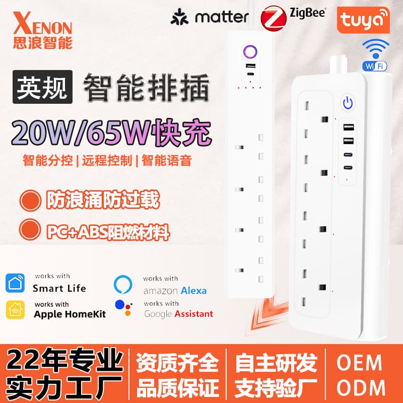 GaN 65W UK Standard Plug Smart Timer Switch Extension Lead USB Socket Zigbee Matter Compliant Phosphor Copper Conductive Body