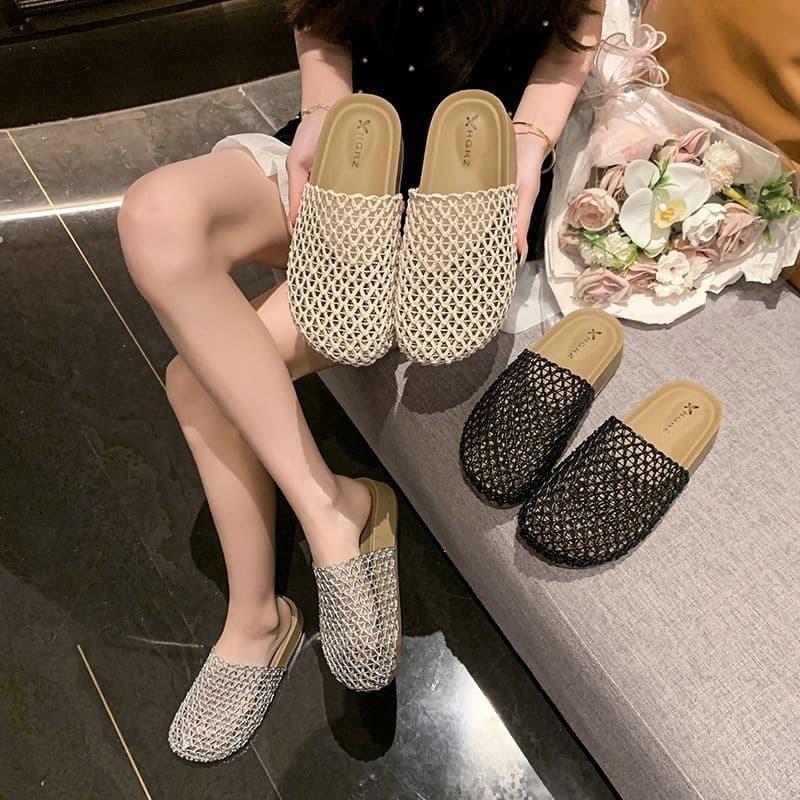 Fishnet Sandals Breathable Open-Toe Mules for Women Summer 2026 New Woven Thick-Sole Birkenstock Style Slides