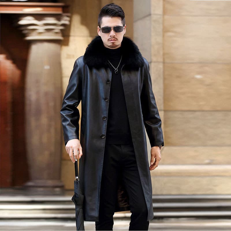 Thickened Long Leather Coat for Men with Turn-down Collar, Fur and Leather Integrated, Thickened Knee-length Leather Coat Men's Outerwear