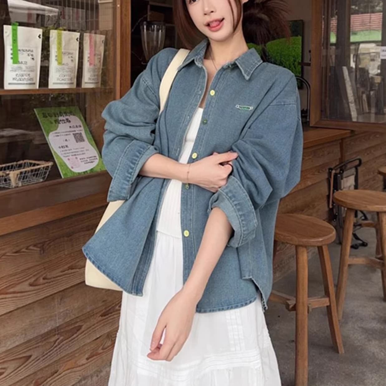 Korean Retro Embroidered Denim Shirt for Women, Spring and Fall Design with Distinctive Colorful Buttons, Long-Sleeve Blouse Top Jacket
