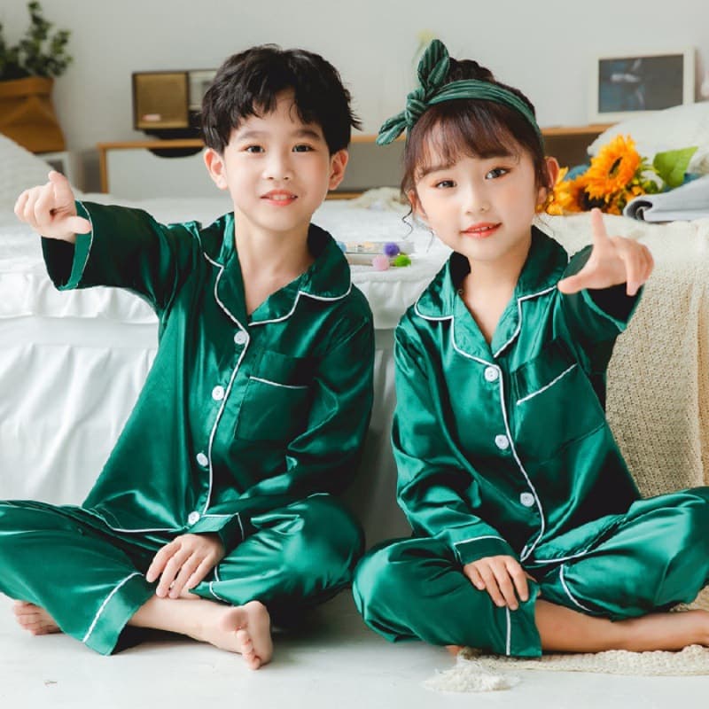 Children's Summer Pajamas Thin Silk-like Ice Silk Long Sleeve Pants Set Solid Color Homewear for Boys and Girls