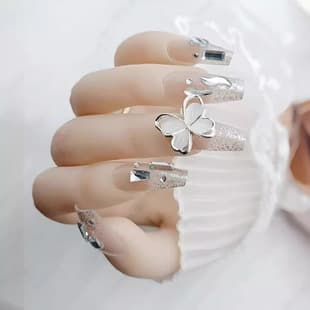 Handmade Press-On Nails Wholesale, Viral Rhinestone Spinning Butterfly Glitter Nail Tips Finished Wearable Nail Stickers