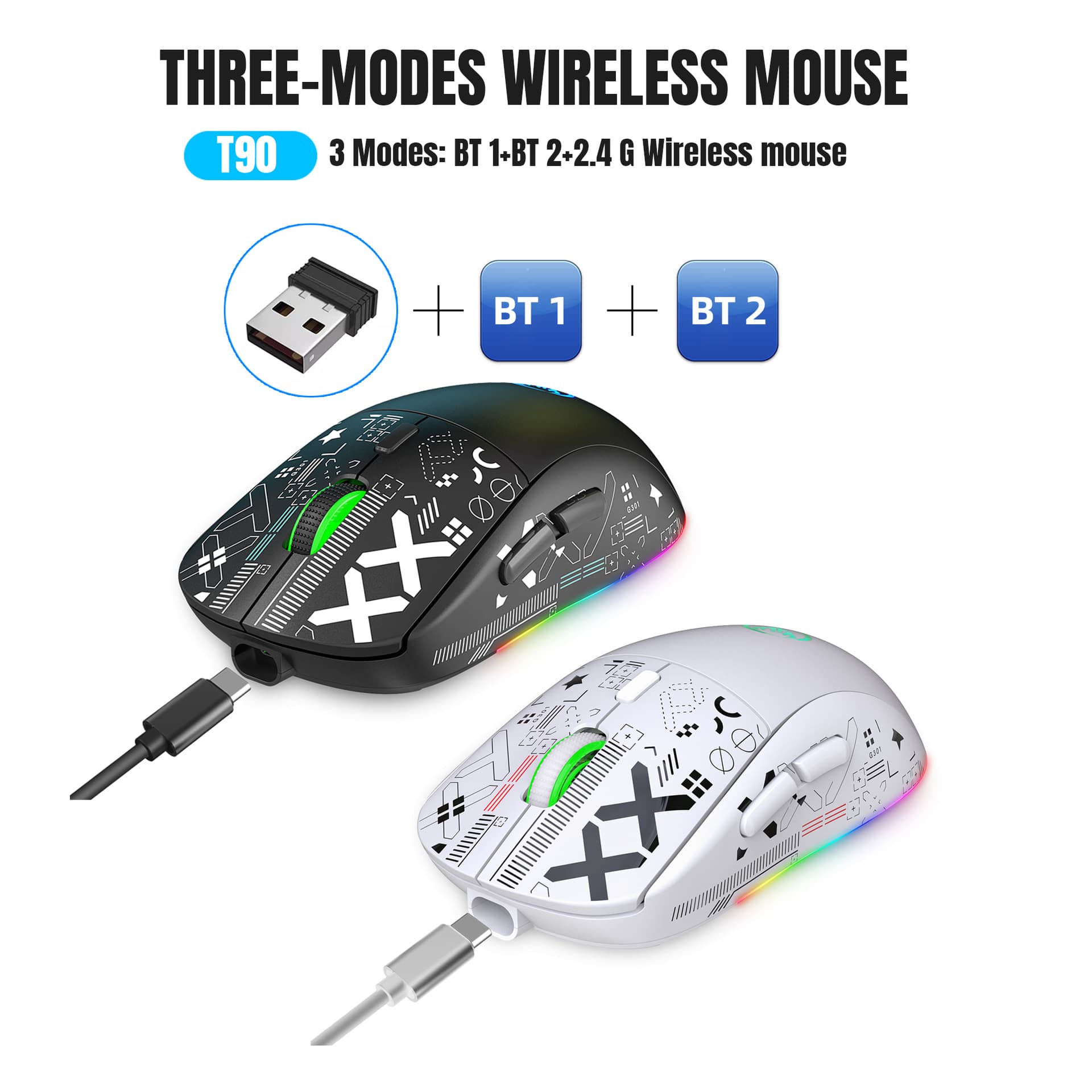 New Tri-Mode Wired 2.4G Bluetooth Wireless Mouse RGB Glowing Wireless Gaming Mouse Cross-Border Hot-Selling 650MAH