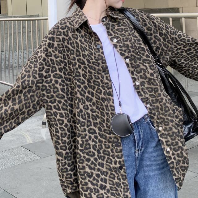 American Retro Leopard Print Jacket for Women, Autumn New Arrival, Loose Long-Sleeve Denim Cotton Shirt, Korean-Style Coat