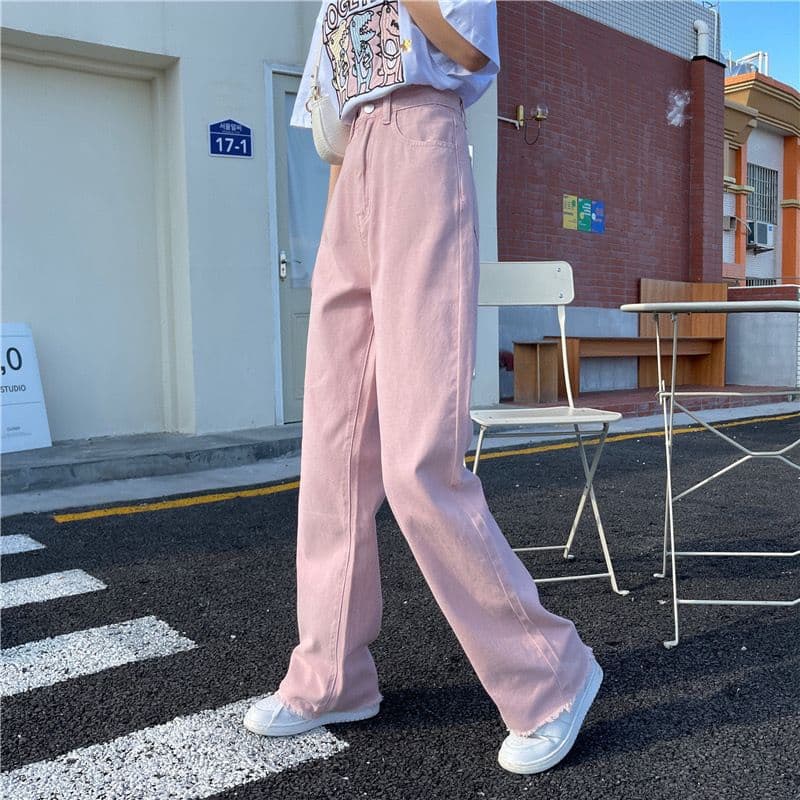 2026 Spring and Summer New Korean Style Pink High Waist Jeans Women's Versatile Straight Denim Sweet Spicy Wide Leg Pants Trendy