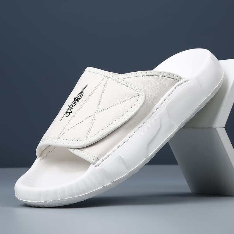 Summer Top Layer Cowhide Leather Slippers for Men, Home Indoor High-End Casual Sandals, Soft Sole Non-Slip White Slippers Men's Style