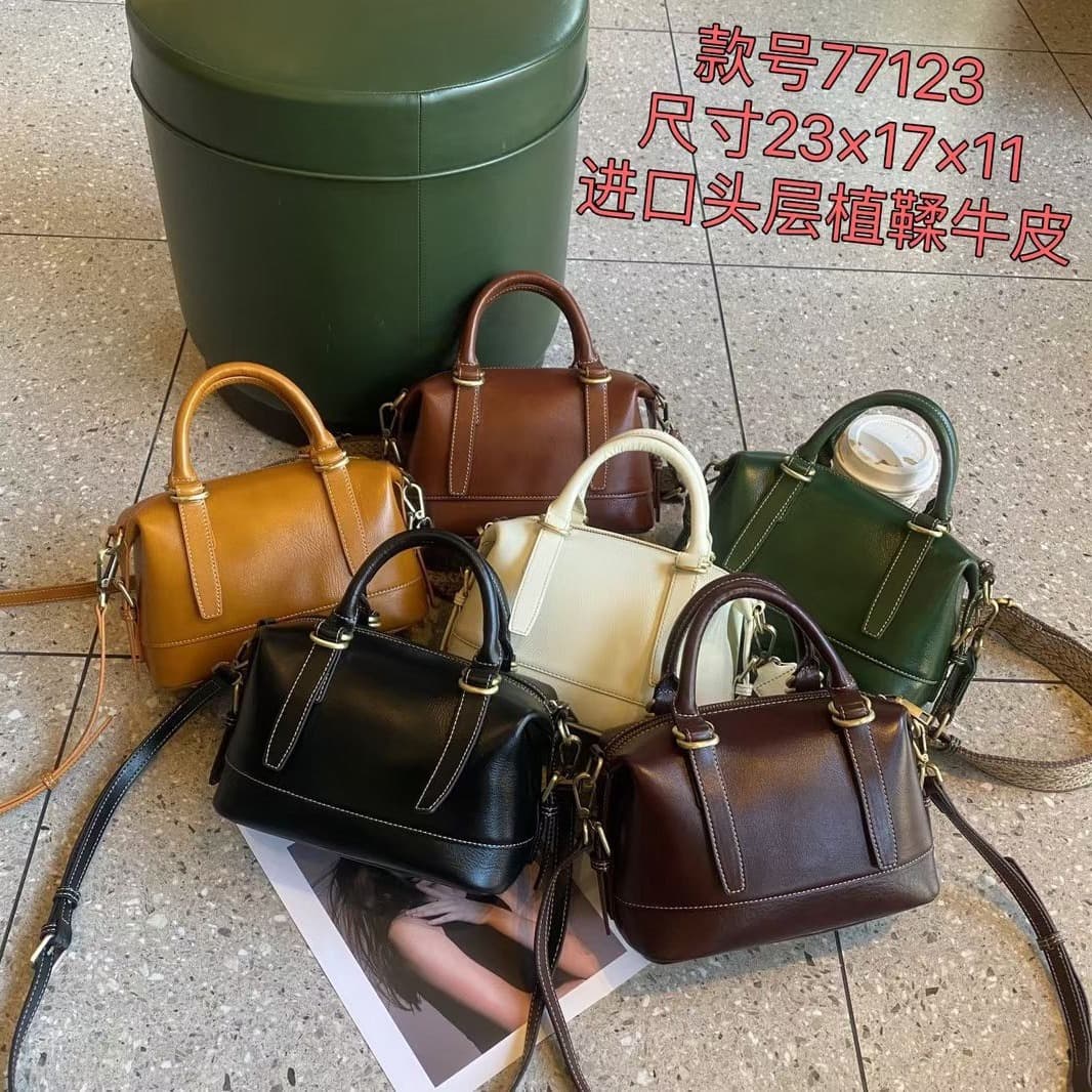 Top Grain Vegetable-Tanned Leather Soft Leather Wholesale Boston Bag Minimalist Fashion Trendy Crossbody Shoulder Bag Cross-Border Handbag for Women