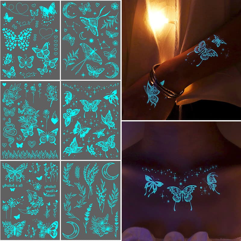 Glow-in-the-Dark Tattoo Stickers Fluorescent Aesthetic White Floral Star Butterfly Face Decals Fresh Bride Collarbone Stickers