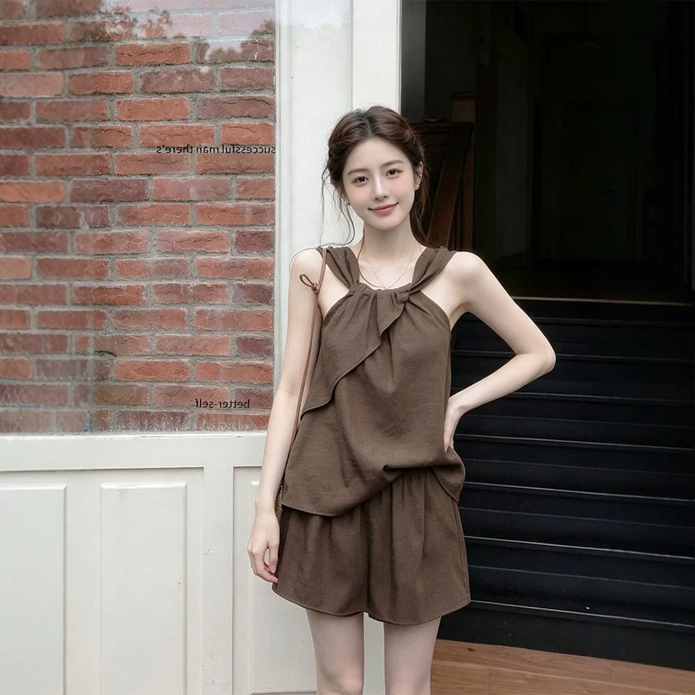 Designed Ruffle Knot Strapless Vest Top A-Line Casual Short Skirt Pants Women's Summer Two-Piece Set