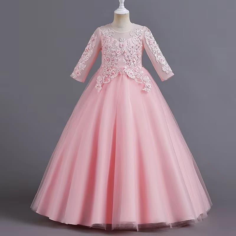 Girls Long Sleeve Tutu Princess Dress for Wedding Flower Girl Host Performance Costume European American Cross-border Children's Formal Dress