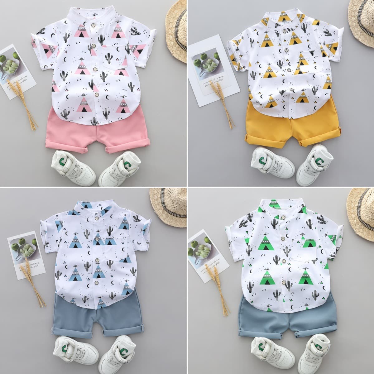 Boys Clothes 0-6Y Baby Toddler Summer Pyramid Short Sleeve Henley Shirt + Shorts In Stock