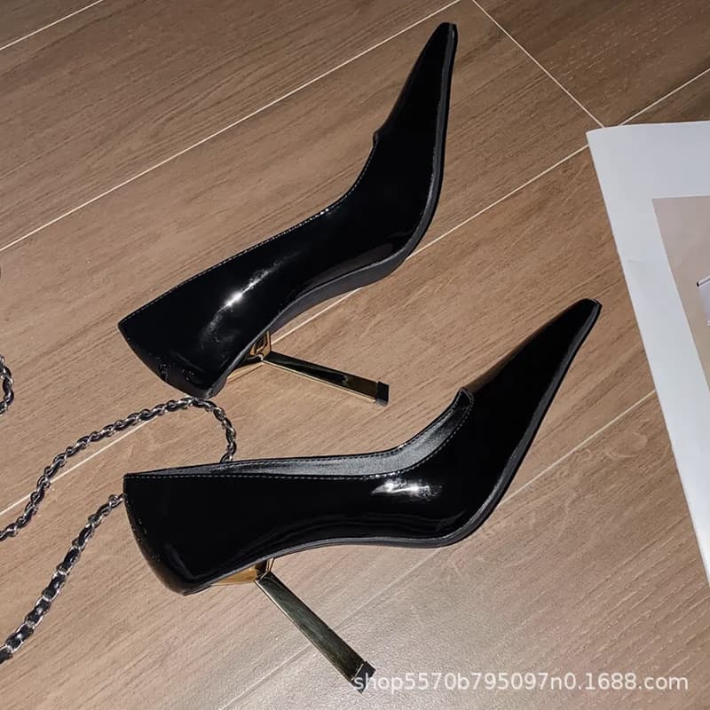 Premium Gold Bar 2025 Spring New Patent Leather Square Toe Stiletto Heel Shallow Mouth Women's High Heel Shoes