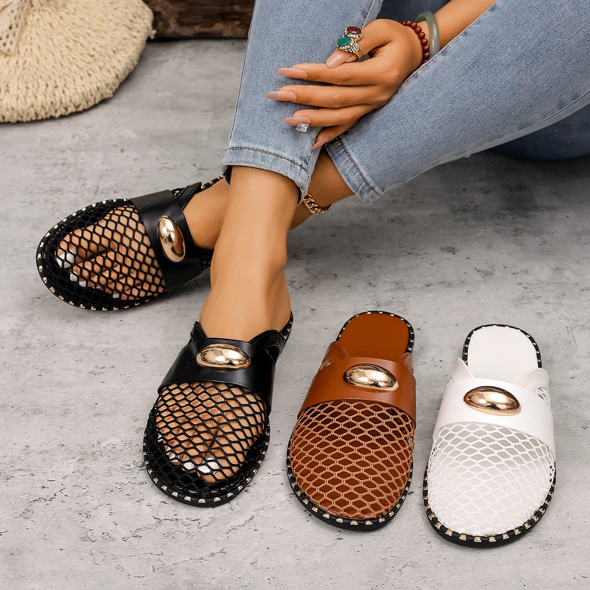 Fashion Flat Slip-On Sandals for Women 2026 Summer New Style, Foreign Trade Large Size, Metal Buckle Mesh Toe-Cover Half Slippers