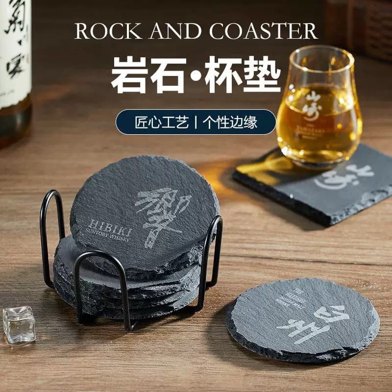Black natural rock coaster, teacup holder, tea saucer, stone slab heat-insulating mat, whiskey glass coaster, cocktail coaster.