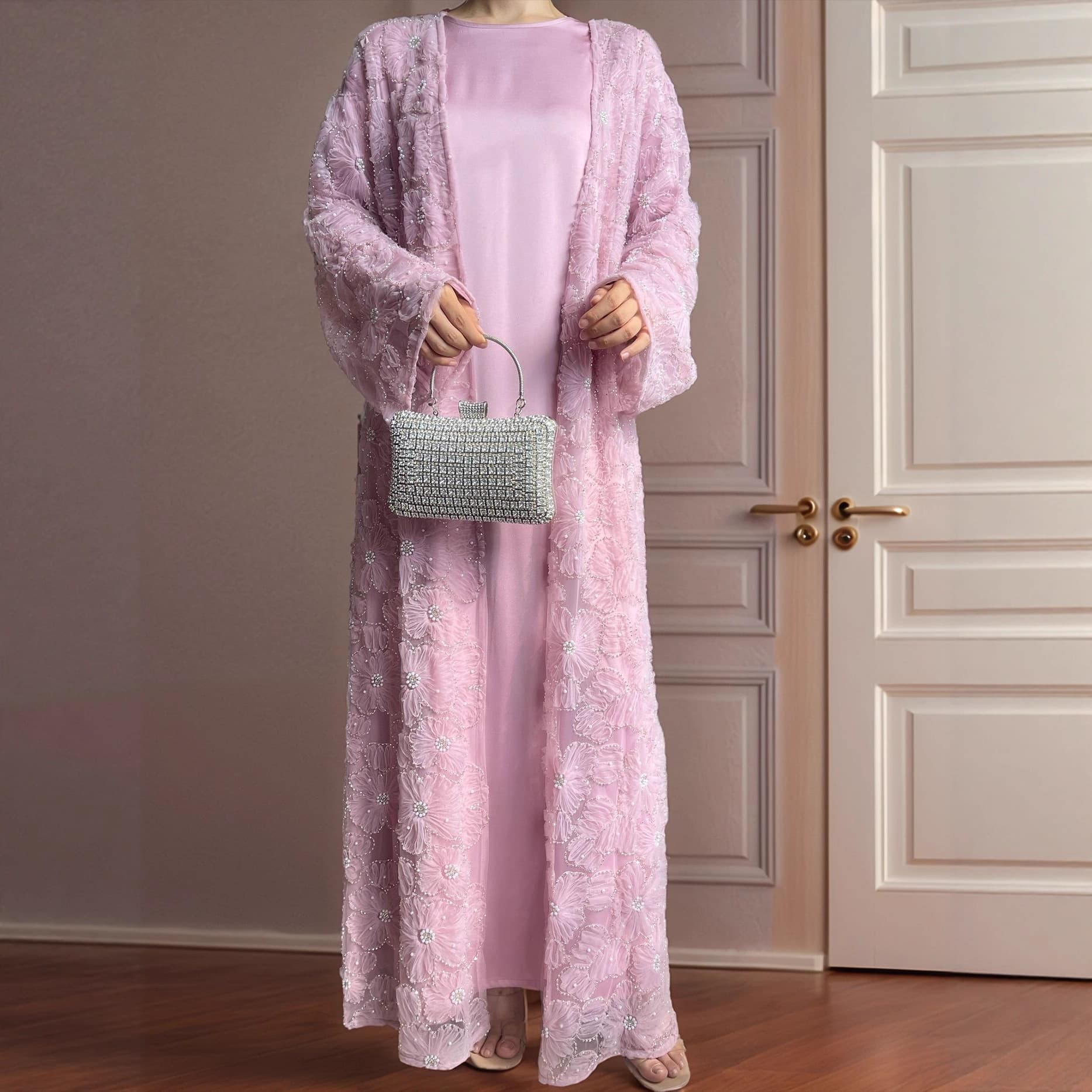 Tiktok Women's 2-Piece Set: Mesh Floral Beaded Jacket and Satin Inner Dress Msl881