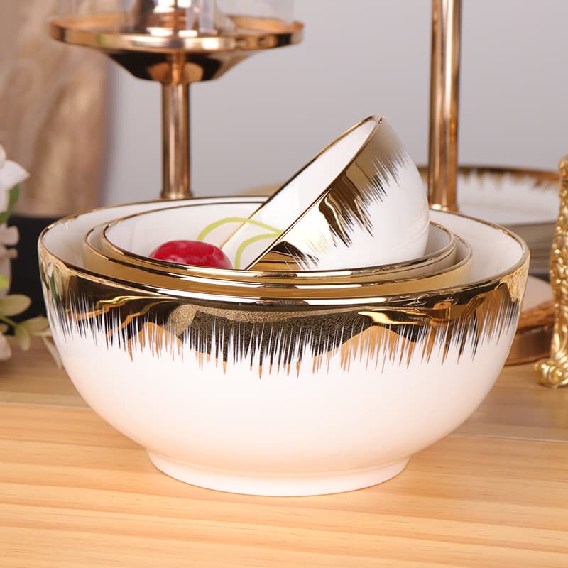 Gold-rimmed ceramic straight-rim bowls with electroplated silk thread and gold-threaded edges, rice bowls, noodle bowls, large soup bowls, dipping sauce bowls, salad bowls, and exports