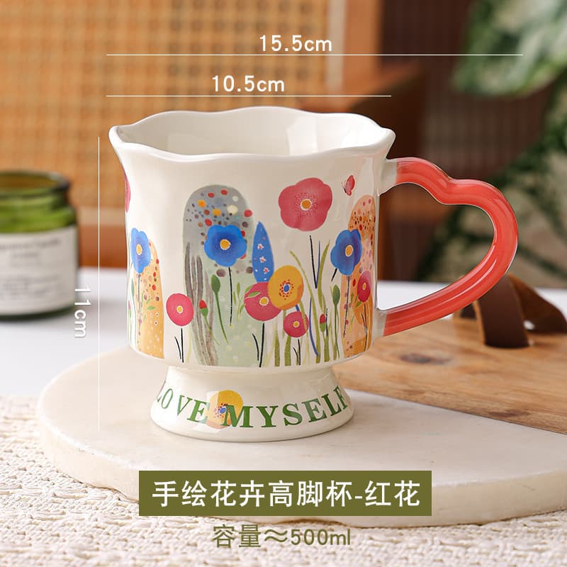 Floral Design Ceramic Tall-Handled Mug Breakfast Milk Cup Office Coffee Cup Cross-Border Premium Gift Souvenir
