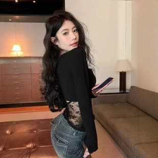 Plus Size Fat MM Hot Girl Style Sexy Hollow Back Long Sleeve T-Shirt Women Autumn Mesh Splicing Slim Base Top
