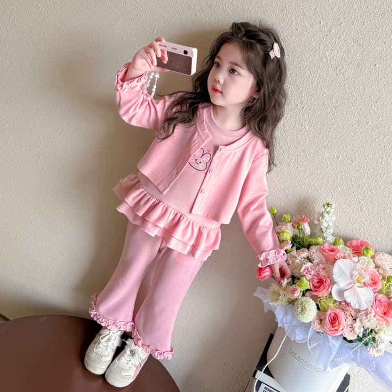 Girls' fake two-piece printed cartoon sweatshirt and bell pants suit 2026 spring and autumn fashion baby temperament casual children's clothing