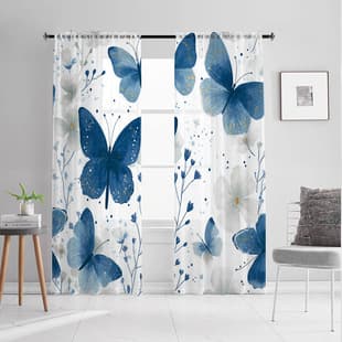 Zhejiang Shaoxing Factory Direct JIT Cross-Border Exclusive Digital Print Blue Butterfly Floral Design Window Sheer