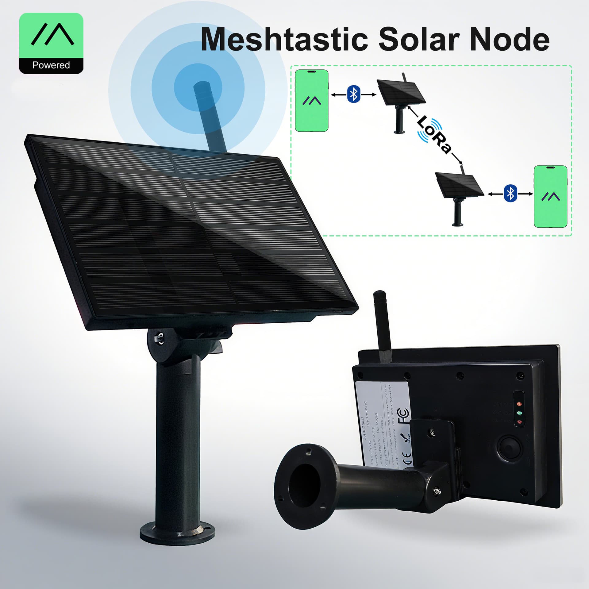 Supports Meshtastic communication, solar-powered LoRa nodes with built-in 18650 batteries, Bluetooth communication, and low power consumption.