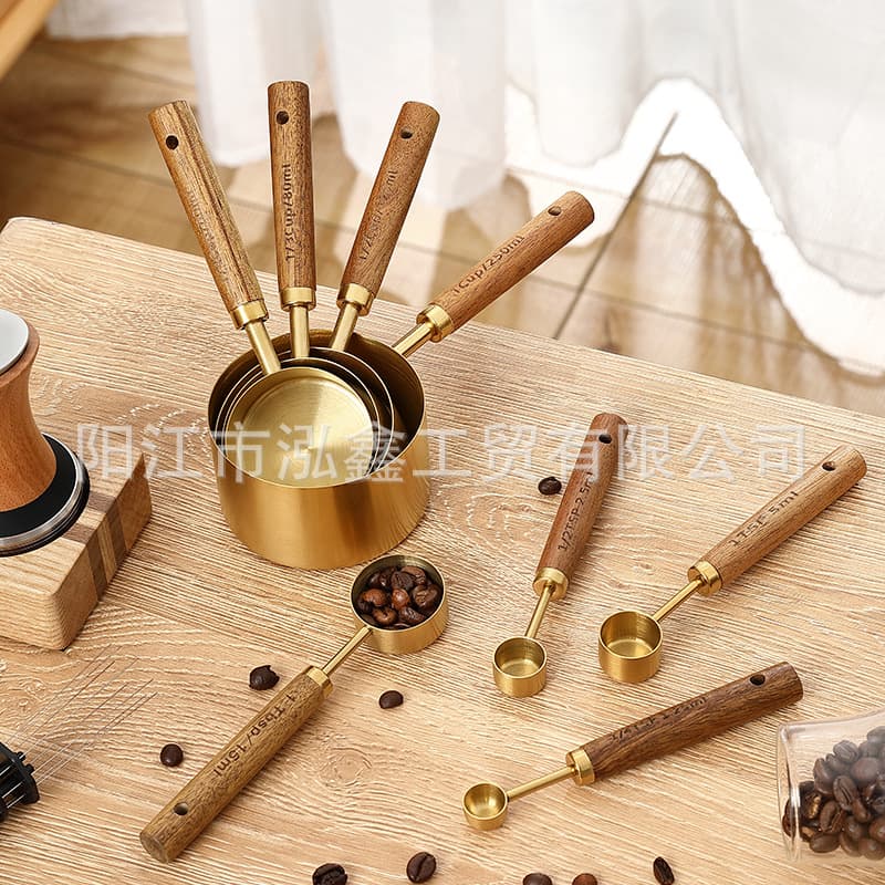 Hongxin Acacia Wood Stainless Steel Measuring Spoon Measuring Cup Set Baking Tools Scale Cup Measuring Cup with Scale Modern Simple