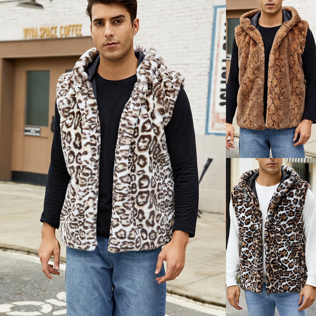 F0781 Cross-Border European and American Men's Faux Fur Hooded Vest Leopard Print Artificial Fur Vest