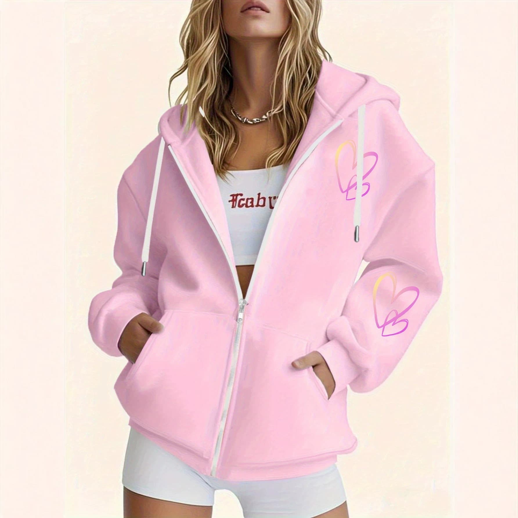 Autumn Winter Gentle Gradient Double-Line Heart Zipper Hoodie Loose Casual Cardigan Jacket Relaxed Hooded Sweatshirt