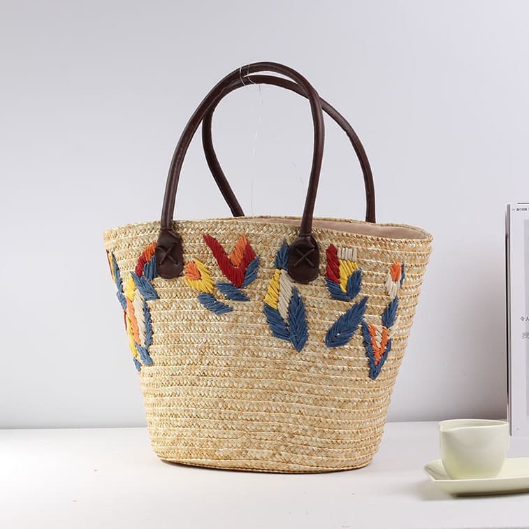Fresh Embroidered Straw Woven Bag Casual Shoulder Beach Vacation Handbag City Simple Style Medium Size Spring Cotton Lining Zipper Opening Women's Handbag